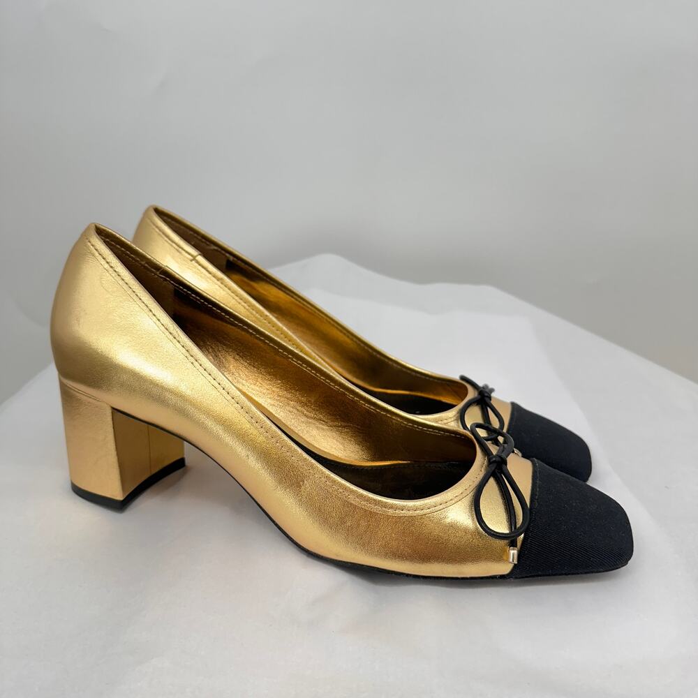 SCHUTZ New in Box Evereve Arissa Block Cap Toe Heel in Black & Gold / // 10 - Picture 3 of 10